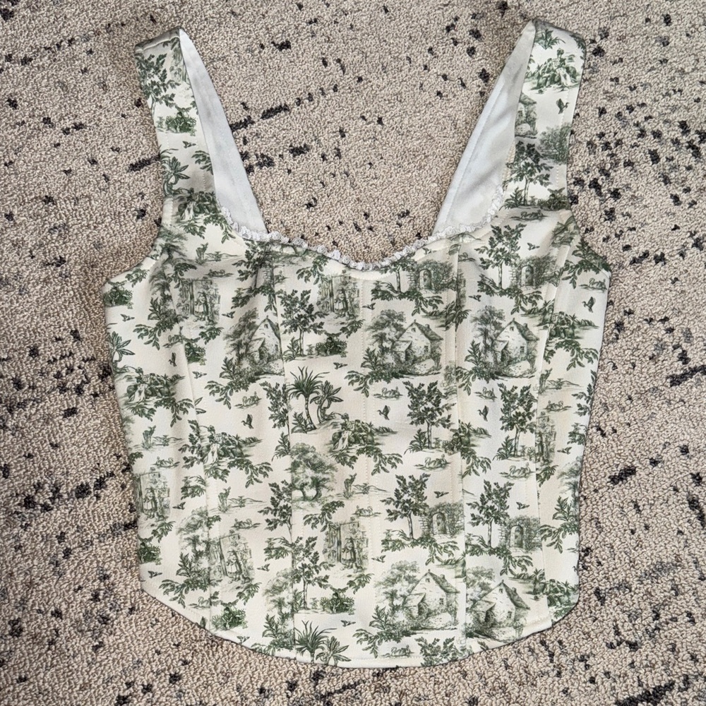 Blackbough Woman’s Matilda Corset Top in a Cottage Sage Green Toile Print